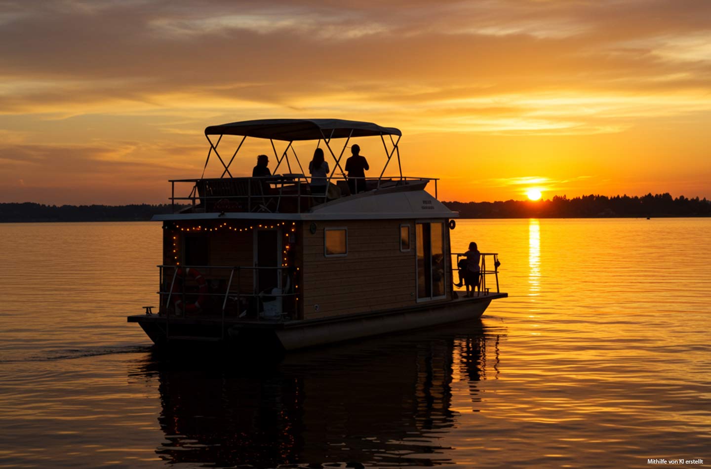 Hausboot auf dem Wasser bei Sonnenuntergang